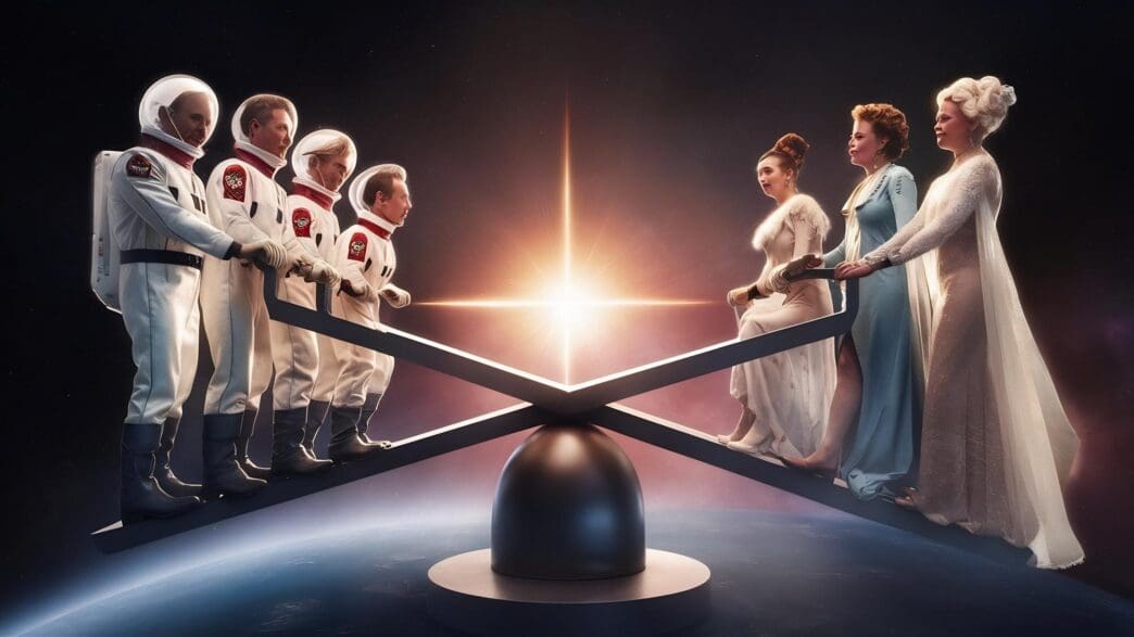 A diverse group of women and men stand on a seesaw, with copy space above.