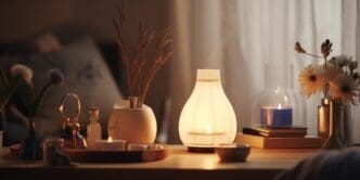A wooden table is decorated with vases of flowers and lit candles.