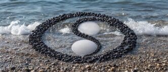 A digital illustration depicts a yin yang symbol formed by elements of nature, representing harmony in Taoism.