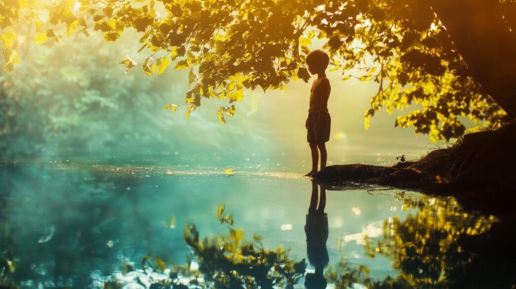 A young boy stands at the edge of a lake, with his reflection visible in the water, and trees in the background.