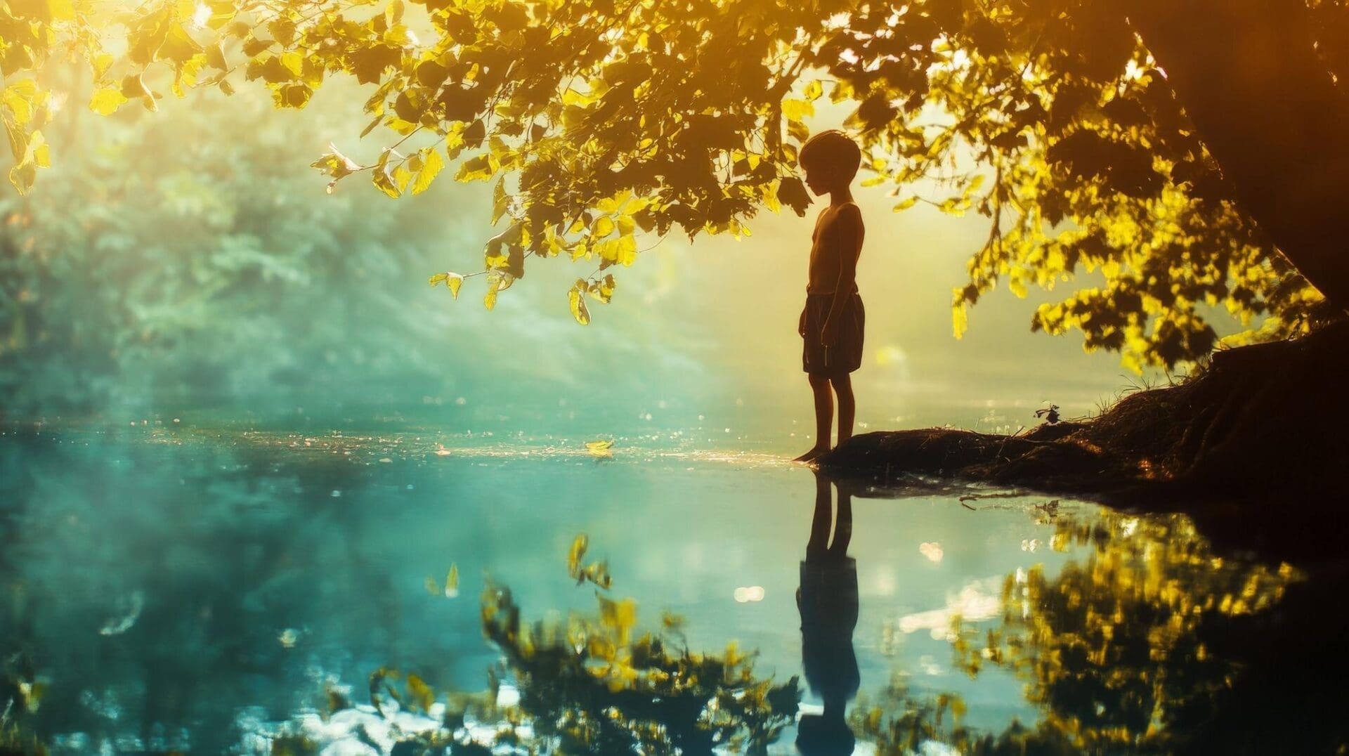 A young boy stands at the edge of a lake, with his reflection visible in the water, and trees in the background.
