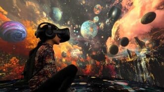 A young woman wearing a VR headset and holding controllers gazes with wonder at a colorful virtual environment.
