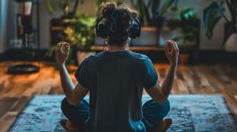 A young woman wearing headphones and with her eyes closed sits in a yoga pose on a mat in her living room.
