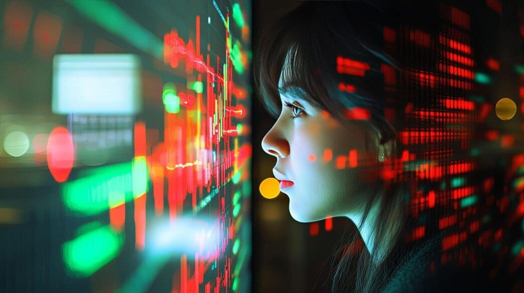 A young woman studies a brightly lit screen displaying colorful data visualizations.