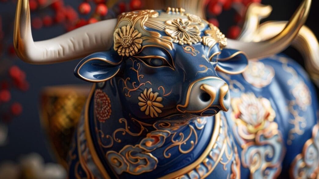 A decorative ox figure represents the zodiac animal for the year, symbolizing the year of the ox.