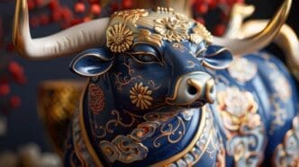 A decorative ox figure represents the zodiac animal for the year, symbolizing the year of the ox.
