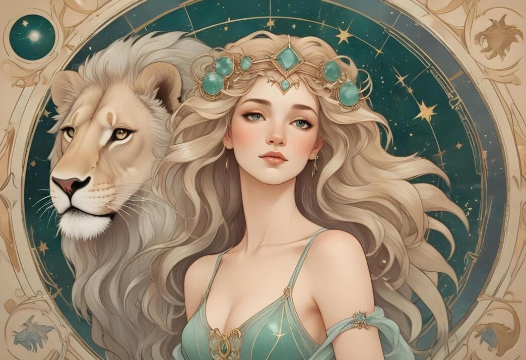 A beautiful woman with long hair is depicted with the head of a lion, representing the zodiac sign Leo.