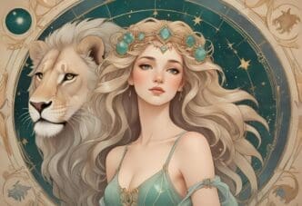 A beautiful woman with long hair is depicted with the head of a lion, representing the zodiac sign Leo.