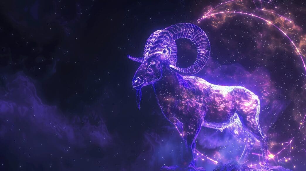 A glowing ram symbol is displayed against a backdrop of swirling, luminous spirals.