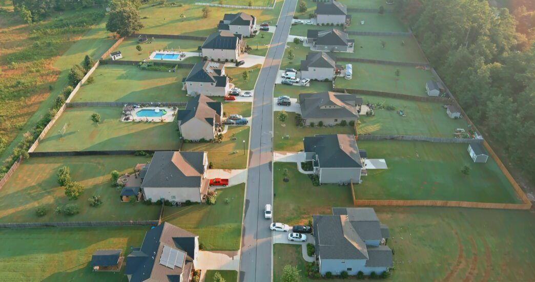 Aerial view of the small town of Boiling Springs, South Carolina, showing the rooftops of houses in a landscape.