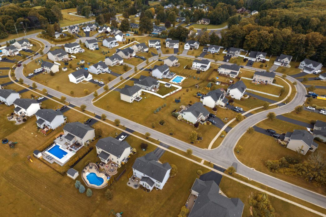 Aerial view of suburban homes in Rochester, New York.