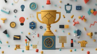 A 3D flat icon depicts a "Champions Choice" banner with a trophy, business icons, and abstract financial growth.