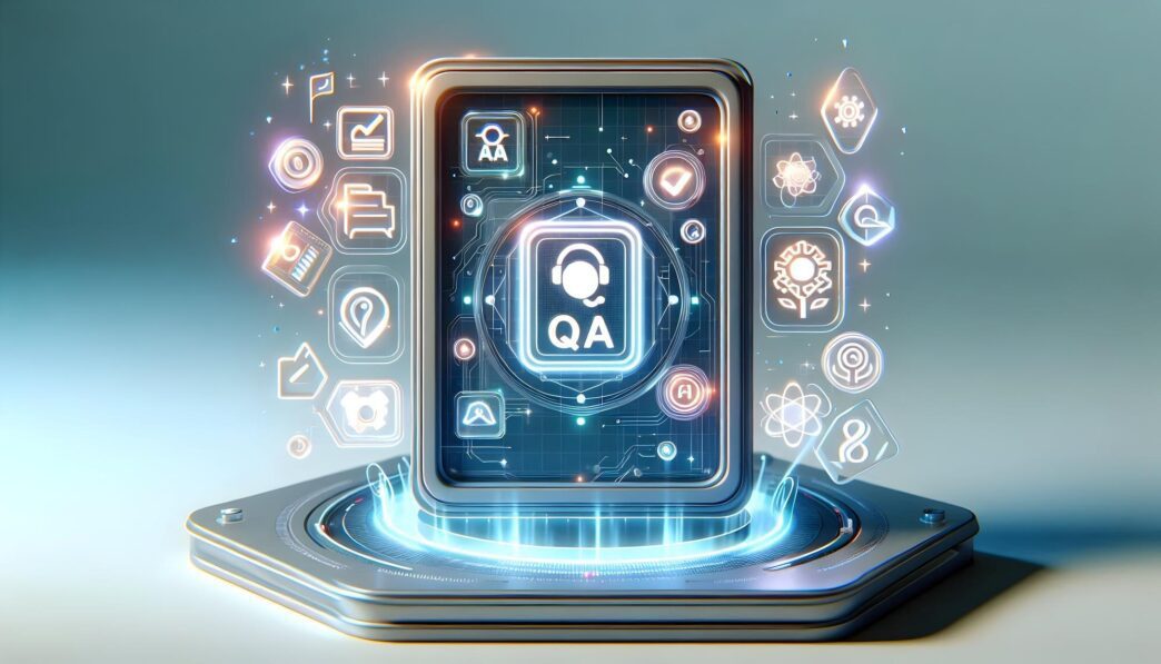 A tablet displays holographic icons related to AI, QA, and quality control, with a camera perspective sliding across the screen.