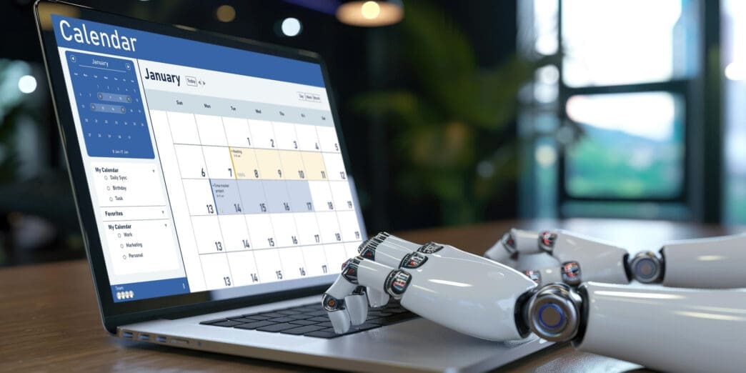Robotic hands typing on a laptop displaying a digital calendar screen, symbolizing AI task management.