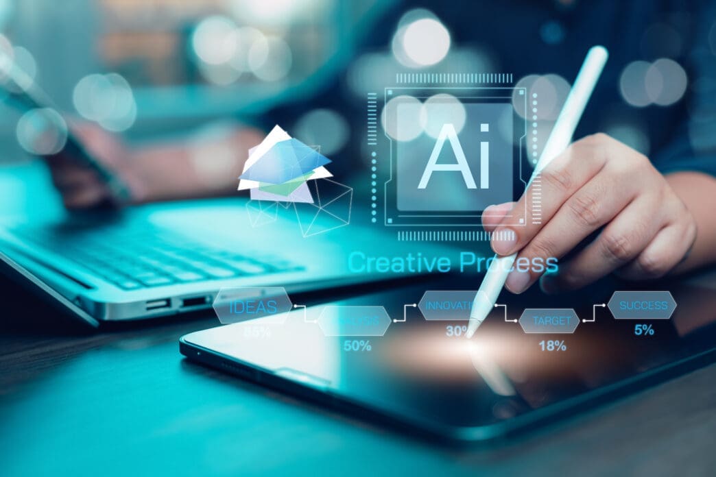 A person using a stylus on a digital tablet with a holographic interface, including an "Ai" logo, charts, and "Creative Process" text.