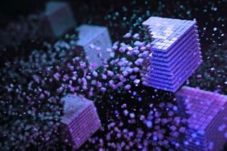 Abstract digital cubes of purple and blue pixels disintegrating against a dark background, symbolizing data or crypto blocks.