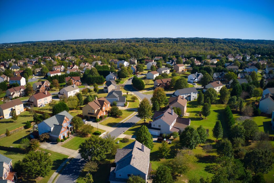 Aerial view of a large, affluent suburban residential development near Atlanta, Georgia.