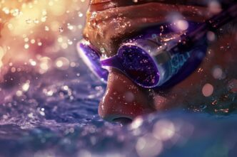 Close-up of a swimmer surfacing, wearing purple goggles with water splashing around.