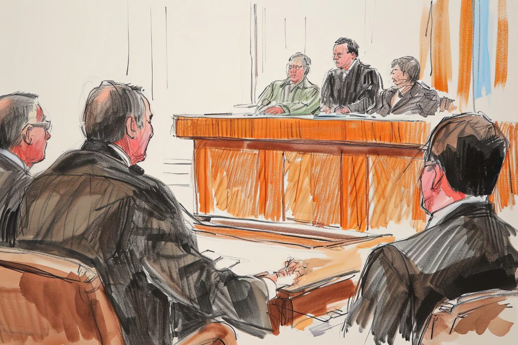 Artist's watercolor sketch of a court trial with lawyers facing the judge's bench.