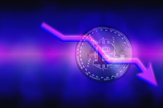 Digital Bitcoin coin with a glowing neon arrow pointing down, symbolizing a price collapse.