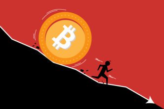 Illustration of a giant Bitcoin coin rolling down a steep decline, chasing a fleeing stick figure.