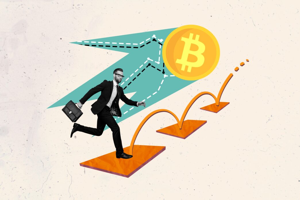 Man in a suit running on orange steps towards a Bitcoin coin, symbolizing cryptocurrency promotion.