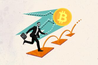 Man in a suit running on orange steps towards a Bitcoin coin, symbolizing cryptocurrency promotion.