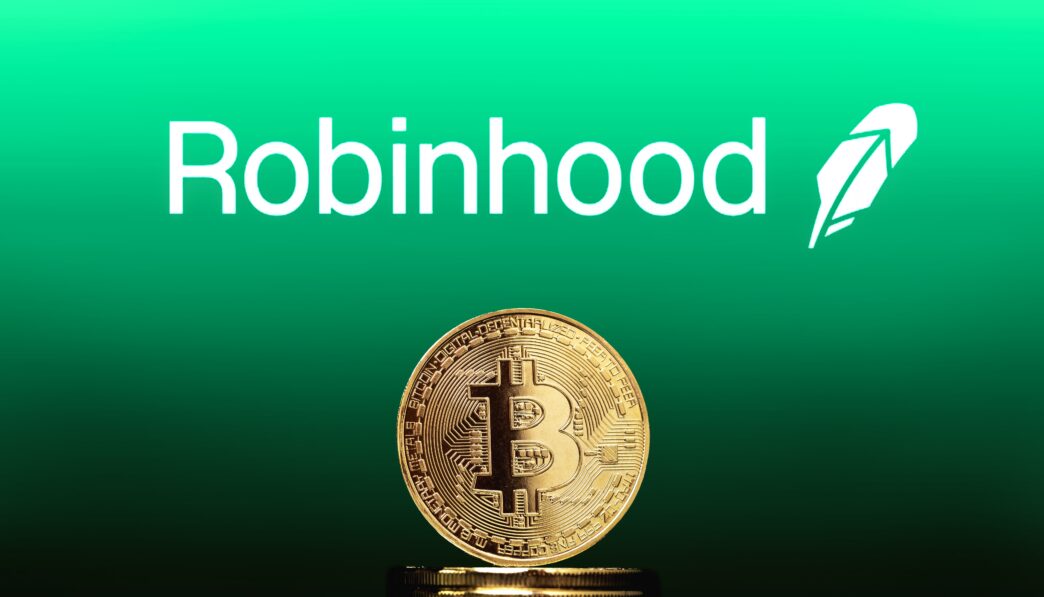 Gold Bitcoin coin in foreground with the white Robinhood logo on a green background.