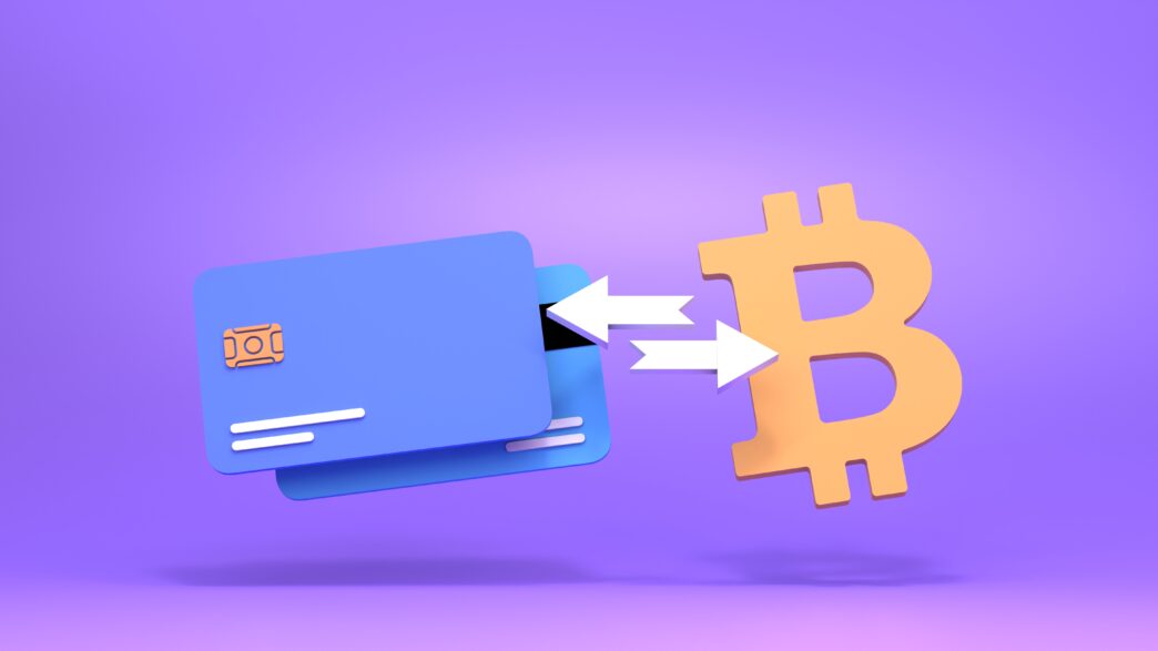 3D render of blue credit cards exchanging value with a large orange Bitcoin symbol via arrows.