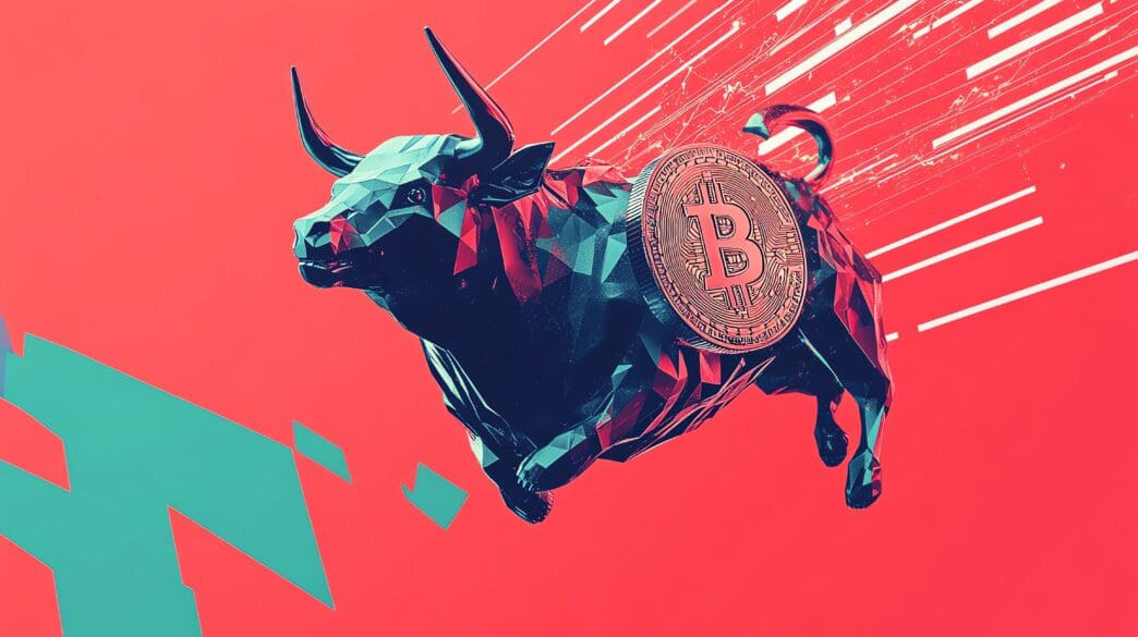 Stylized, low-poly bull with a Bitcoin coin on its flank, charging aggressively against a red and blue background.