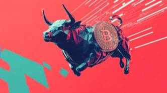 Stylized, low-poly bull with a Bitcoin coin on its flank, charging aggressively against a red and blue background.