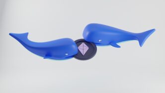 Two 3D blue whale models biting a large Ethereum cryptocurrency token.