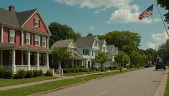 A row of traditional American suburban houses with porches and green lawns, with a US flag flying overhead.