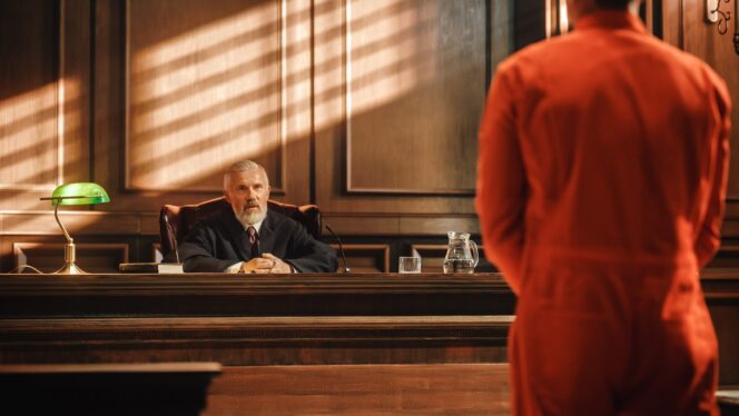 A judge seated at his bench facing a defendant in an orange jumpsuit during a court trial.