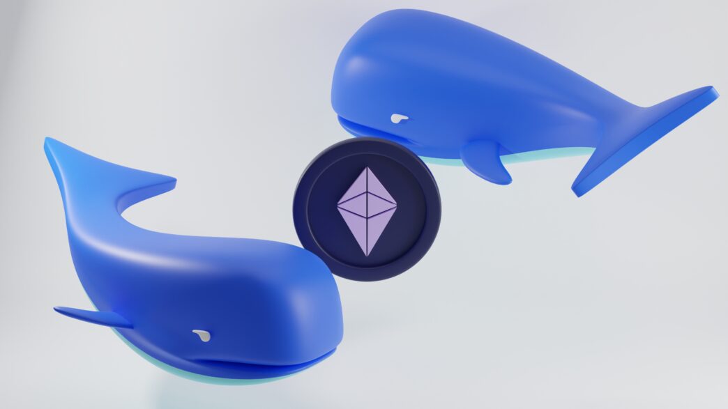 Two 3D rendered blue whales surrounding a large Ethereum cryptocurrency coin symbol.