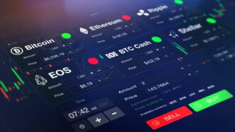Futuristic cryptocurrency exchange interface displaying Bitcoin, Ethereum, and other coin prices.