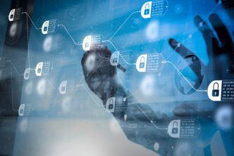 Businessman interacting with a futuristic digital screen showing a blockchain network diagram with secure, encrypted blocks.