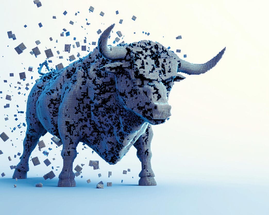 3D render of a bull composed of blue and white digital pixels, with the pixels disintegrating on the left side.