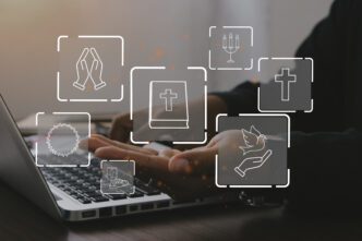 Hands resting on a laptop keyboard are overlaid with several glowing outline icons representing Christianity and digital technology, such as a Bible, a cross, and praying hands.