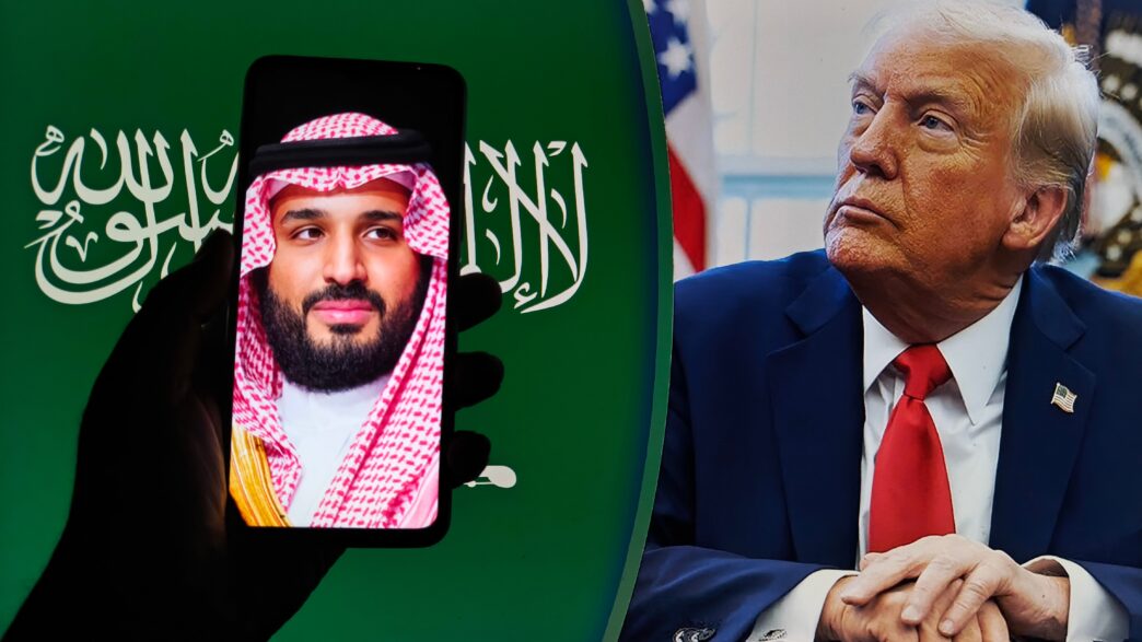Composite image of President Donald Trump looking toward a phone screen displaying Saudi Crown Prince Mohammed bin Salman.