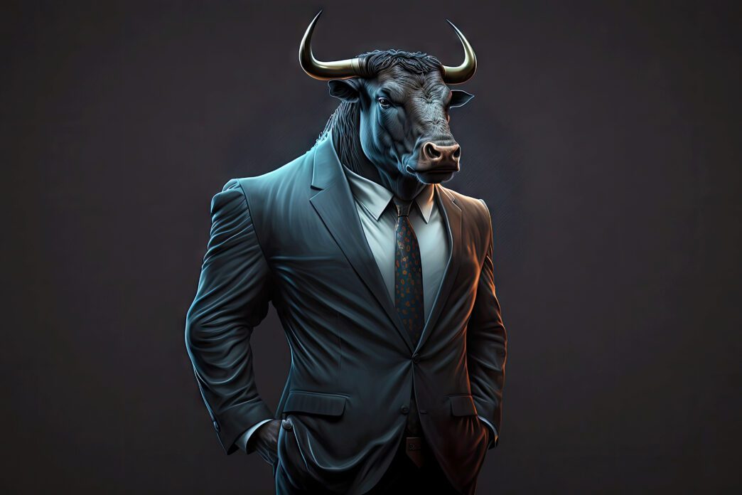 Full-length portrait of a bull wearing an elegant business suit, symbolizing a bullish market.