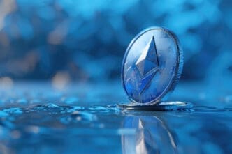 A blue-toned 3D rendered Ethereum coin standing on a reflective wet surface with a blurred background.
