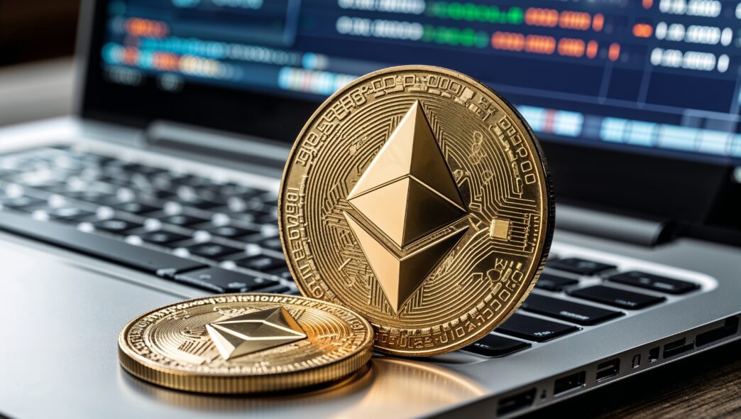 Two gold Ethereum cryptocurrency coins sitting on a laptop keyboard with trading data visible on the screen.