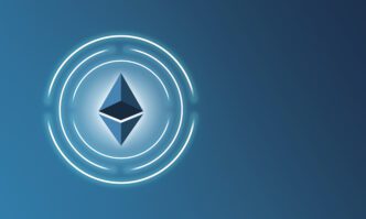 Glowing blue and white Ethereum logo centered on a dark blue background.