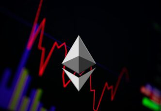Ethereum logo superimposed over a red cryptocurrency exchange chart on a dark background.