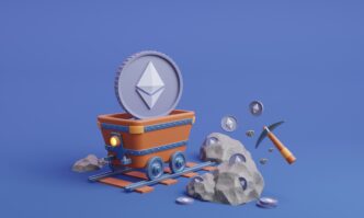 3D render of a minecart carrying a large Ethereum coin, surrounded by rocks and a floating pickaxe.