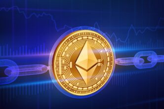 Digital 3D golden Ethereum coin overlaid on a blockchain and financial graph background.