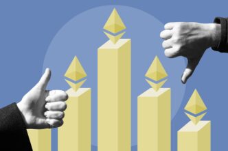 Conceptual image showing hands giving thumbs up and down over Ethereum growth bar charts.