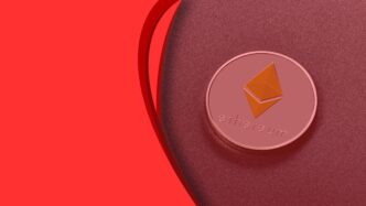 3D Ethereum token on a red textured background with a decorative red wave.