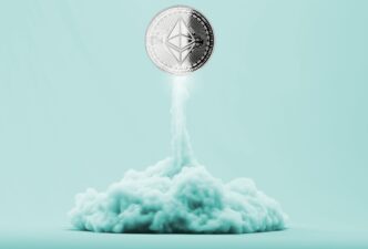 Ethereum coin taking off like a rocket from a cloud of smoke, symbolizing soaring value.
